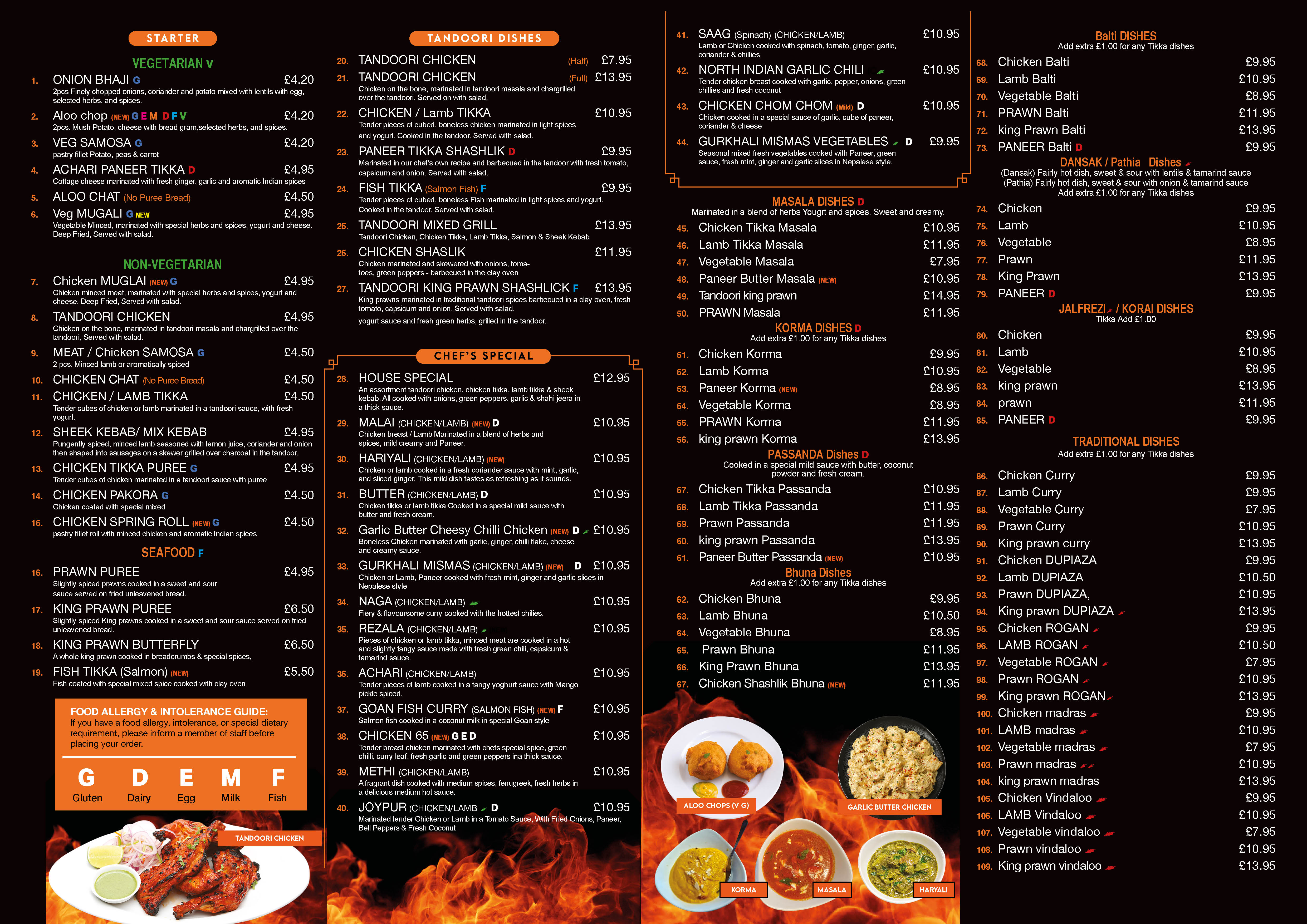 Masala Hut dine-in menu — starters, tandoori, chef's specials, masala & balti dishes