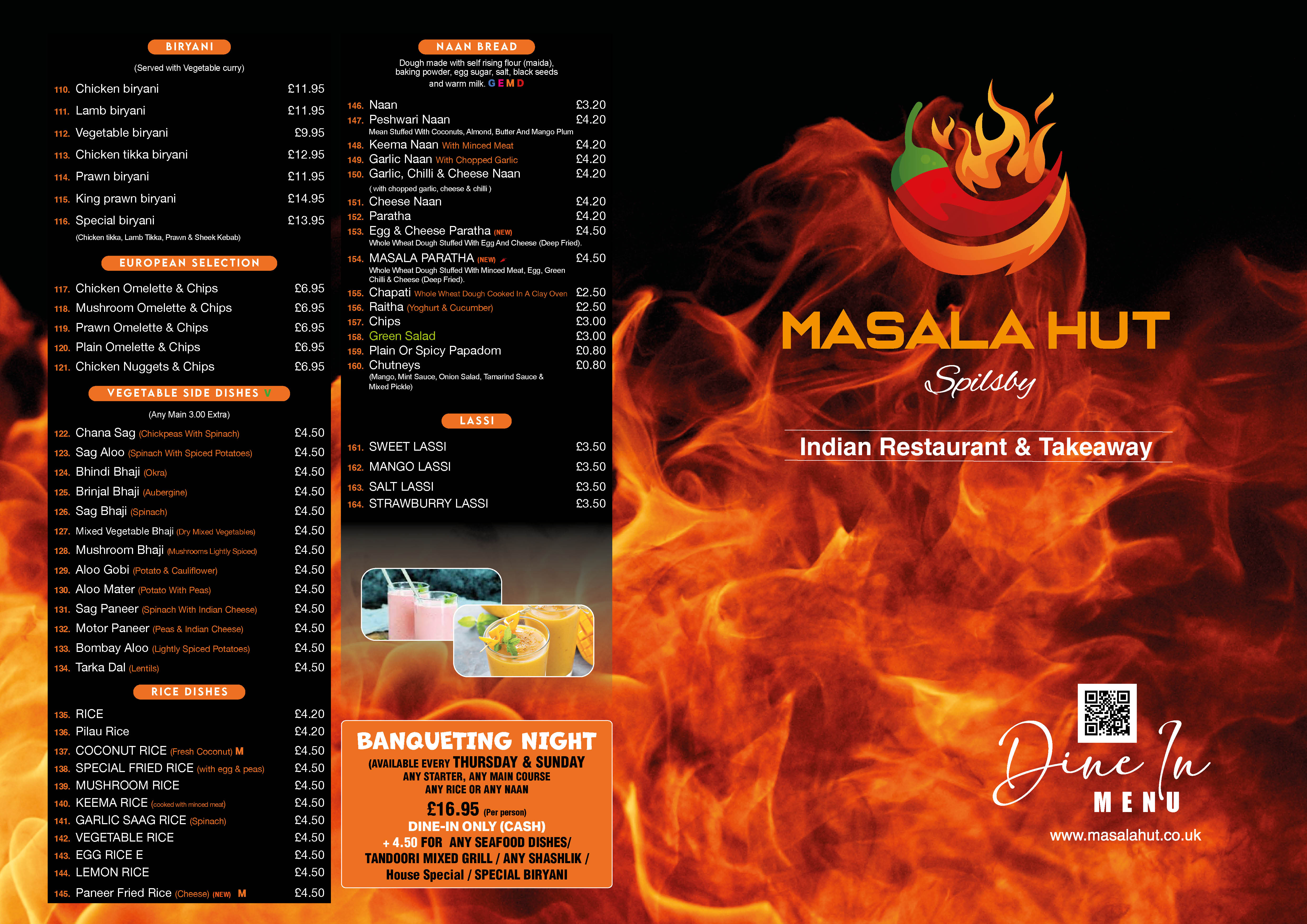 Masala Hut dine-in menu — biryani, breads, rice, lassi & banqueting night